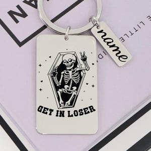 Personalized Skeleton Coffin Keychain: Engraved Stainless Steel Goth Gift