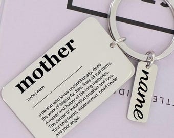 Personalized Mother Definition Keychain: Engraved Stainless Steel, Optional Name Charm