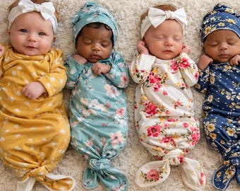 Floral Knotted Baby Gown | DBP Cotton, Convertible Mittens | Preemie + Newborn