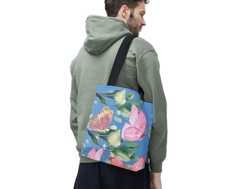 Floral Butterfly Tote Bag, Spring Flower Handbag, Nature Lover Gift, Shopping Bag, Reusable Grocery Bag, Shoulder Tote, Beach Tote
