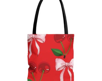Cherry and Pink Bow Tote Bag - Floral Shoulder Carryall Purse, Grocery Shopping Handbag, Beach Tote, Reusable Eco-Friendly Bag, Gift for Her