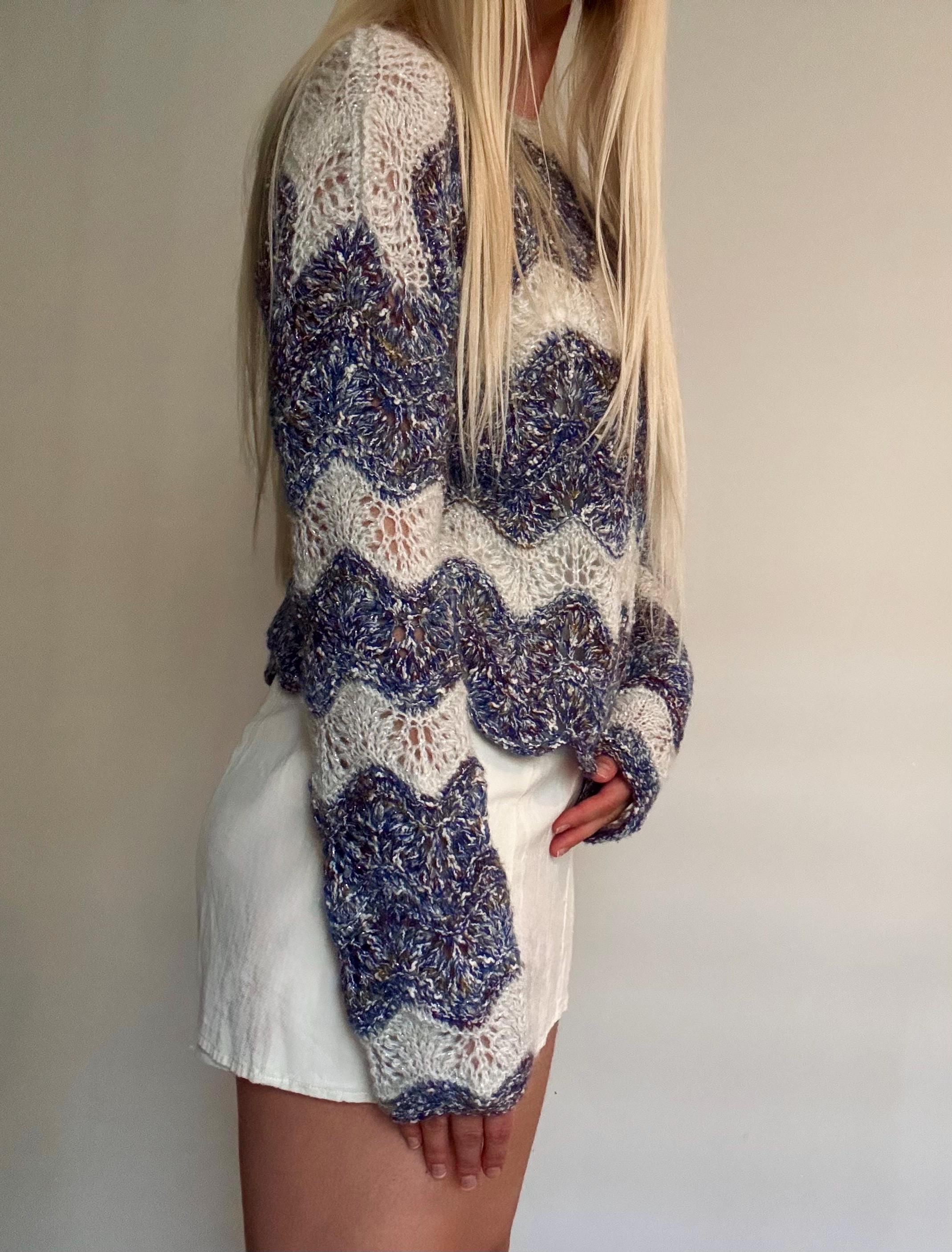 Hand Knited Sweater Wave Pattern– Cotton Merino Wool Mohair Silk 