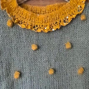 Handmade knitted vest for Girls – wool Soft Green  Mustard Wool Details  Adjustable Ties.