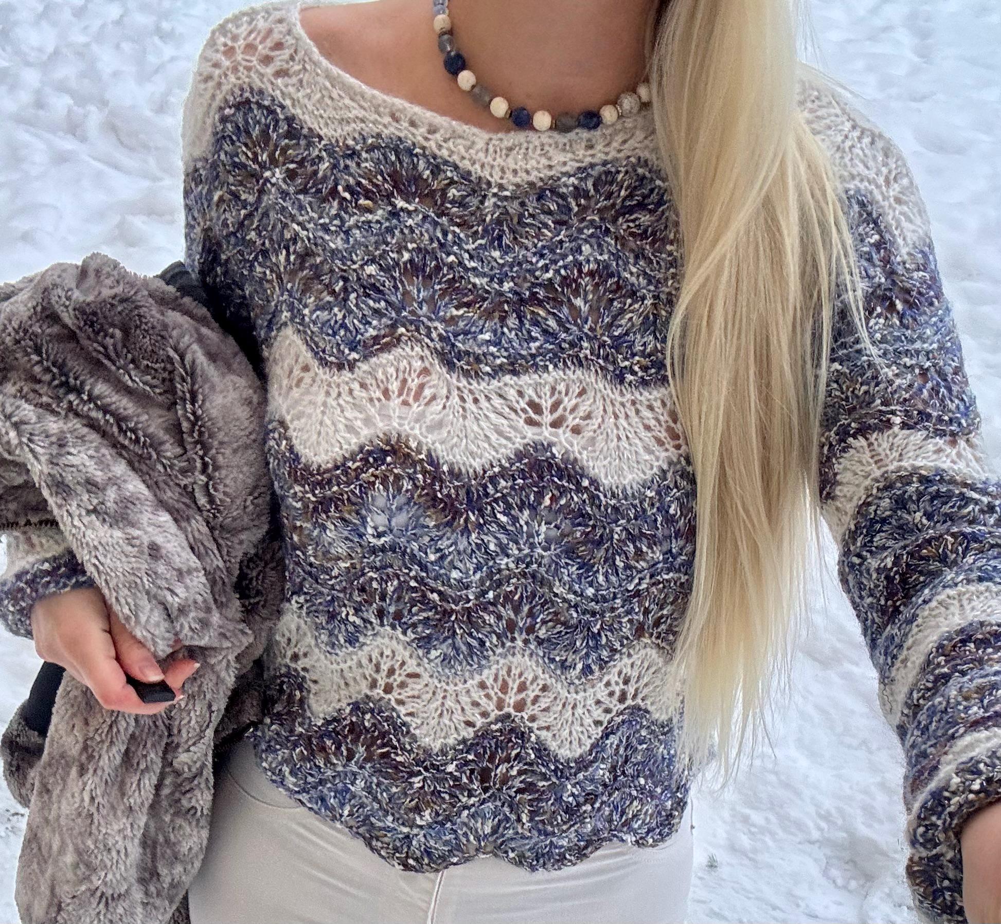 Hand Knited Sweater Wave Pattern– Cotton Merino Wool Mohair Silk 