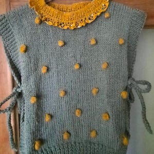 Handmade knitted vest for Girls – wool Soft Green  Mustard Wool Details  Adjustable Ties