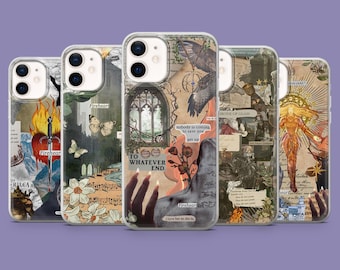 May include: A collection of five phone cases with unique collage designs. Each case features a different artistic composition, including text, illustrations, and mixed media elements. The cases are designed for a smartphone.
