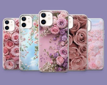 Custodia per telefono con motivo floreale di rose rosse, cover protettiva con fiori in fiore