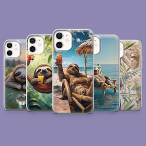 May include: A collection of five phone cases featuring sloth illustrations. The cases showcase sloths in various relaxing scenarios, including lounging on a beach, in a hammock, and among tropical foliage. The cases have a clear, protective design.