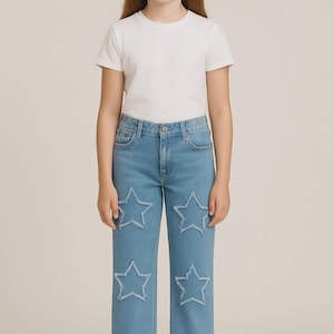 Girls&#39; Wide Leg Stretch Jeans with Star Embroidery – Soft Denim Pants – Cute Toddler & Kids Jeans