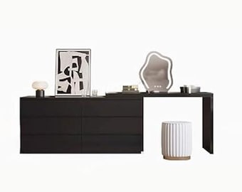 Elegante tocador negro con espejo y taburete