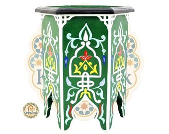 Hand-Painted Moroccan Hexagon Side Table: Green Boho Accent, Solid Wood