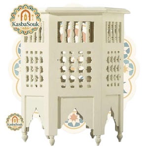 White Moroccan Hexagon Side Table – Hand Painted Boho Accent End Table