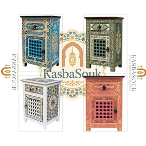 Moroccan Nightstand, Hand Painted Wood Bedside Cabinet, Colorful Boho Side Table