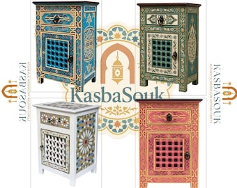 Hand Painted Moroccan Nightstand, Boho Bedside Cabinet, Artisan Wood Side Table, Mosaic Decor