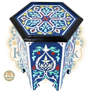 Hand-Painted Moroccan Hexagon Side Table: Blue Wood Accent Table, Boho Handmade