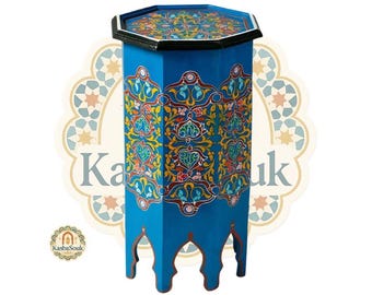 Moroccan Hand‑Painted Wood Side Table –Boho  Blue Octagon Accent Table