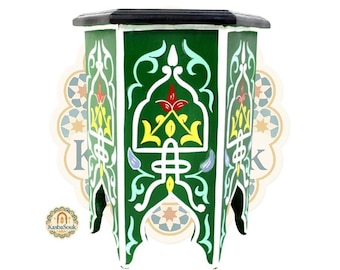 Hand-Painted Moroccan Side Table: Green Boho Accent Table, Moorish Nightstand