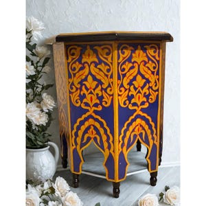 Moroccan Hand Painted Wood Table – Boho Octagon Accent Table, Vibrant Blue & Gold Side Table, Marrakech Decor, Unique Handmade Gift