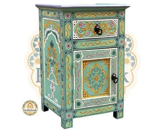 Mesita de noche marroquí pintada a mano, mesita de noche de madera colorida, mueble artesanal bohemio, almacenamiento floral para dormitorio, regalo de decoración morisca para el hogar