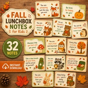 May include: A set of 32 printable autumn lunchbox notes for children featuring seasonal illustrations of a fox, pumpkin, squirrel, bear, hedgehog, owl, raccoon, and rabbit, with encouraging text and colourful leaves on a wooden background.