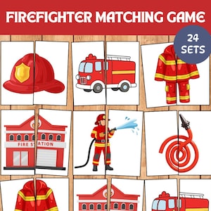 Puede incluir: Un juego de emparejamiento de bomberos con 24 conjuntos. El juego presenta ilustraciones de un camión de bomberos rojo, equipo de bombero, una estación de bomberos y un bombero con una manguera. El juego está diseñado con un fondo de madera.