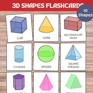 Puede incluir: Tarjetas didácticas con formas 3D, incluyendo un cubo, cono, prisma rectangular, cilindro, esfera, pirámide cuadrada, prisma hexagonal, pirámide hexagonal y prisma triangular. Las tarjetas están etiquetadas con los nombres de las formas. El texto "3D Shapes Flashcards" está en la parte superior.