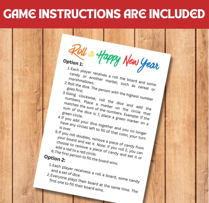 New year dice game, roll a dice, indoor new year activity, family games, party games, printable games