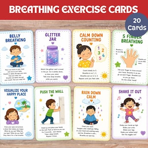 Può includere: Un set di 20 carte per esercizi di respirazione con illustrazioni colorate e testo didattico per bambini. Ogni carta mostra una specifica tecnica di calma, come la respirazione addominale, il barattolo dei glitter e il conteggio.