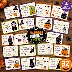 May include: A collection of 32 rectangular Halloween lunchbox notes featuring colorful illustrations of ghosts, pumpkins, bats, skeletons, and cats. Each card includes encouraging text such as You are BOO-TIFUL, Monster potential, and Spooktacular.