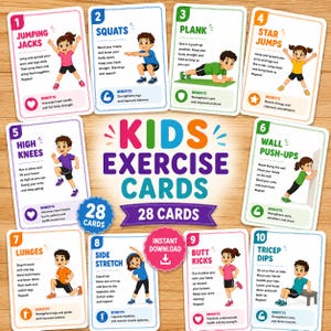 May include: A set of ten rectangular kids exercise cards featuring colourful illustrations of children performing physical activities like jumping jacks, squats, and planks. Each card includes instructional text, a benefits section, and a numbered header.