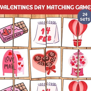 Könnte beinhalten: Ein Valentinstag-Zuordnungsspiel mit Illustrationen von Schokolade, einem Kalender, einem Heißluftballon, einem Briefkasten, einer herzförmigen Pralinenschachtel und einem Kaugummiautomaten. Das Spiel enthält 24 Sets.