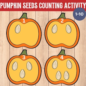 May include: A colorful educational activity featuring four orange pumpkin illustrations with seeds inside, numbered 1 through 4. The text "PUMPKIN SEEDS COUNTING ACTIVITY" is at the top, with a circle that says "1-10".