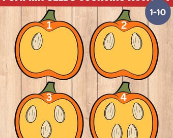 May include: A colorful educational activity featuring four orange pumpkin illustrations with seeds inside, numbered 1 through 4. The text "PUMPKIN SEEDS COUNTING ACTIVITY" is at the top, with a circle that says "1-10".