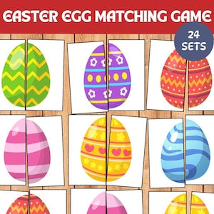 May include: Easter Egg Matching Game with 24 sets. The game features colorful, split Easter egg designs on individual cards. The eggs have various patterns, including stripes, zigzags, and floral motifs, in shades of green, purple, pink, yellow, and blue.