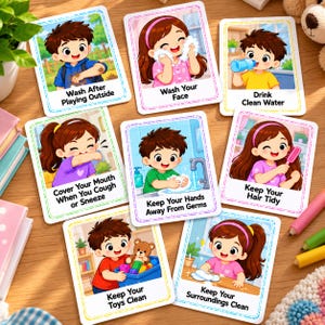 Könnte beinhalten: Ein Set aus acht Lernkarten mit Cartoon-Illustrationen von Kindern bei Hygieneaufgaben, inklusive der Bildunterschriften Wash After Playing Outside, Wash Your Face, Drink Clean Water, Cover Your Mouth, Keep Your Hands Away From Germs, Keep Your Hair Tidy, Keep Your Toys Clean und Keep Your Surroundings Clean.