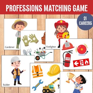 May include: A Professions Matching Game featuring illustrations of different careers. The game includes cards with a gardener, firefighter, and builder, alongside their tools and equipment. The text "PROFESSIONS MATCHING GAME" is at the top.