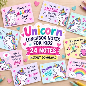 May include: A set of 24 rectangular lunchbox notes for kids featuring colourful unicorn illustrations, rainbows, and hearts. Each card displays motivational text such as Have a magical day, You are amazing, Believe in yourself, and Dream big.