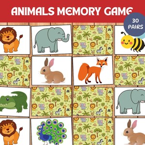 Memory-spel för safaridjur, matchningsaktivitet för småbarn, förskolelärande (digital nedladdning)