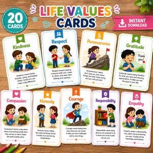 Puede incluir: Un conjunto de 20 tarjetas de valores de vida con ilustraciones coloridas y texto sobre amabilidad, respeto, perseverancia, gratitud, compasión, honestidad, coraje, responsabilidad y empatía. Cada tarjeta muestra una escena y definición.