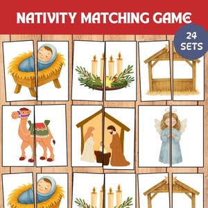 Puede incluir: Un juego de emparejamiento del Nacimiento con 24 juegos. El juego presenta tarjetas ilustradas que representan escenas de la historia del Nacimiento, incluyendo al niño Jesús en un pesebre, velas, un camello y la Sagrada Familia. El juego está diseñado para fines educativos y de entretenimiento.