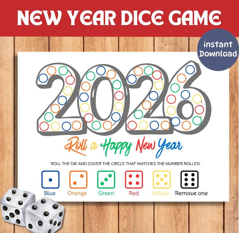New years 2026 printable games for kids, New year eve family activity, indoor games, new year games for kids, dice game