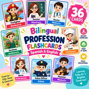 Puede incluir: Un juego de 36 tarjetas educativas bilingües en inglés y español sobre profesiones, con ilustraciones de un bombero, maestro, médico, jardinero, cocinero, enfermero, policía y músico, junto con etiquetas y bordes coloridos.