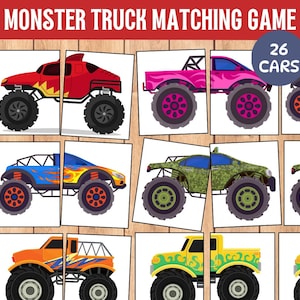 May include: A matching game featuring colorful monster trucks. The game includes 26 cars, each with a unique design and color scheme, including red, pink, blue, green, orange, and yellow trucks. The game's title, "Monster Truck Matching Game," is displayed at the top.