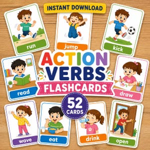 Peut inclure: Un ensemble de 52 cartes flash sur les verbes d'action avec des illustrations colorées de dessins animés montrant des enfants effectuant diverses activités comme courir, sauter, lire, dessiner, manger ou boire, accompagnées de leurs étiquettes.