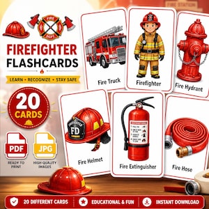 May include: A set of firefighter flashcards with illustrations of a fire truck, firefighter, fire hydrant, fire helmet, fire extinguisher, and fire hose. The cards are labeled with the words "Fire Truck", "Firefighter", "Fire Hydrant", "Fire Helmet", "Fire Extinguisher", and "Fire Hose".
