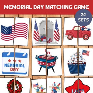 May include: A Memorial Day matching game with 24 sets. The game features illustrations of American flags, a red truck, a tombstone, a calendar, a barbecue grill, and a cupcake with a flag.