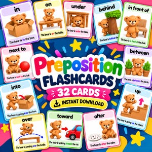 May include: A set of educational flashcards featuring a cartoon bear demonstrating various prepositions. Each card displays a bear in relation to objects like a box, table, chair, or stairs, with text labels such as in, on, under, and behind.
