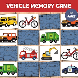 Puede incluir: Un juego de memoria con temática de vehículos que presenta ilustraciones coloridas de varios vehículos, incluyendo un autobús escolar, una bicicleta, un jeep y un camión de bomberos. El juego incluye 30 pares de cartas.