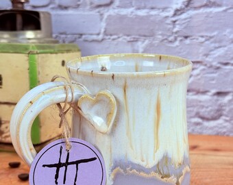 14oz LEFTY Handmade Ceramic Mug Wheel Thrown & Hand Carved Coffee Tea Cup - Sustainable HT Pottery Studio Gift For Her