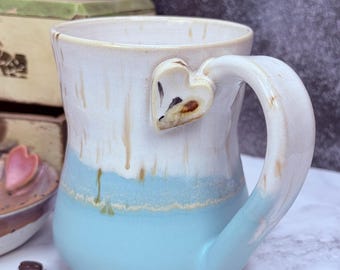 14oz Handmade Ceramic Mug Wheel Thrown & Hand Carved Coffee Tea Cup - Sustainable HT Pottery Studio Gift